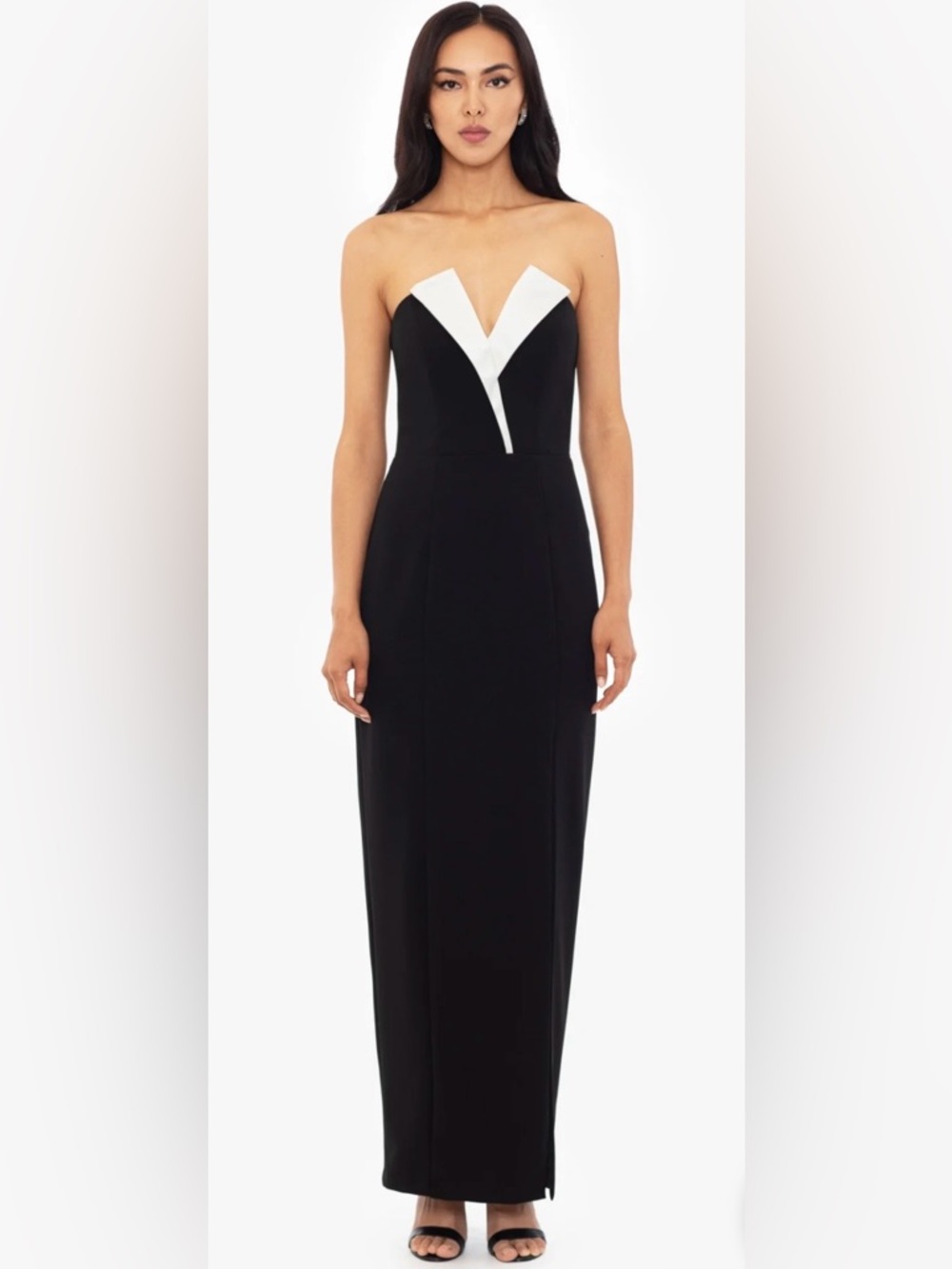 Strapless Black and White Betsy & Adam Long Stretch Scuba Crepe Tuxedo Dress,